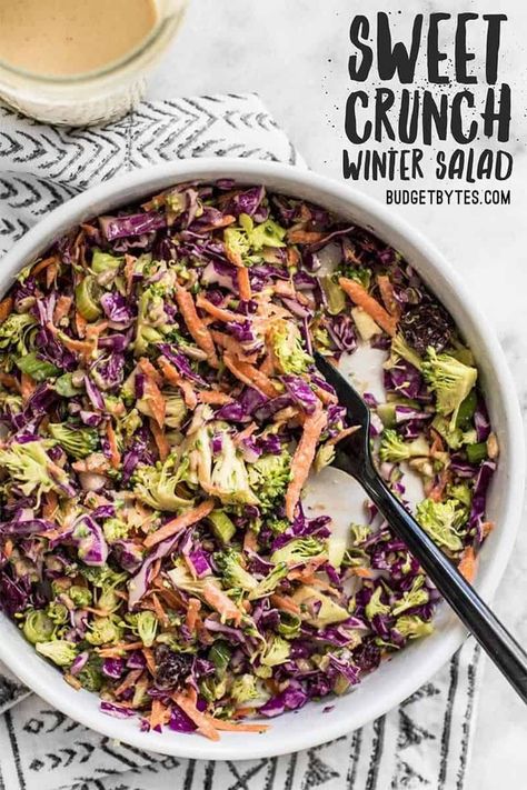 When fresh vegetables are in short supply, make this Sweet Crunch Winter Salad packed full of winter vegetables and a homemade Maple Tahini Dressing. Maple Tahini Dressing, Maple Salad, Vegan Budget, Sprouts Salad, Winter Vegetables, Winter Salad, Tahini Dressing, Frugal Meals, Vegan Salad