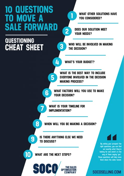 Questioning Cheat Sheet: 10 Questions To Move A Sale Forward - Sales Development, Selling Skills, Sales Motivation, Sales Management, Sales Tactics, B2b Sales, Sales Skills, Insurance Marketing, Sales Techniques