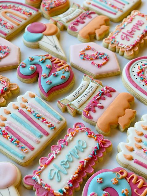 Sprinkle Themed Cookies, Decorated Cookie Photography Styling, Sprinkle Cookies Decorated, Mini Birthday Cookies Decorated, Iced Birthday Cookies, Sprinkle Decorated Cookies, Iced Cookie Designs, Birthday Cake Cookies Royal Icing, Colorful Birthday Cookies