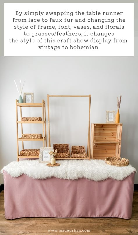 How To Brand a Craft Show Display Without a Logo - Made Urban Vending Table Ideas, Jewelry Vendor Booth Ideas, How To Display Prices At A Craft Fair, Pop Up Show Displays, Pottery Craft Show Display, Tabletop Display Ideas, Diy Price Signs Display Ideas, Price Signs Display Ideas, Boho Booth Display