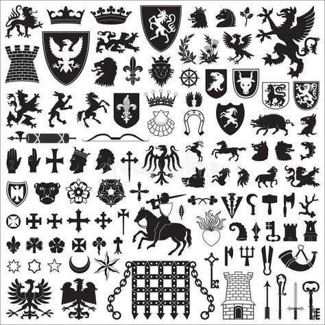 Heraldic symbols and elements. Collection of old coats of arms, heraldic symbols and elements stock illustration Medieval Symbols, Family Crest Symbols, Heraldic Symbols, Heraldry Design, Medieval Shields, Ancient Egyptian Symbols, Egyptian Symbols, Coat Of Arm, Medieval Art