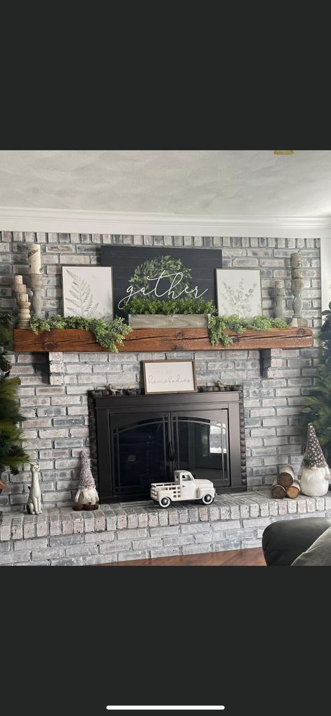 Grey White Wash Brick, Light Grey Fireplace Brick, Gray Fireplace Ideas, Grey Wash Fireplace, Grey And White Fireplace, Brick Fireplace Decor Ideas, Grey Wash Brick, Brick Fireplace Mantle Decor, Decorating A Long Wall