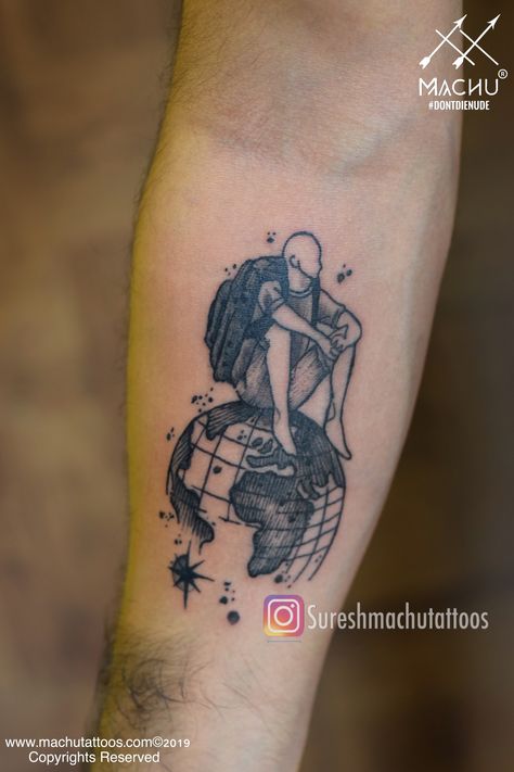 World Travel Tattoos, Camera Tattoo Design, Thigh Tattoo Men, Globe Tattoos, Adventure Tattoo, Latest Tattoo Design, Flower Tattoo Back, Theme Tattoo, Chest Tattoo Men