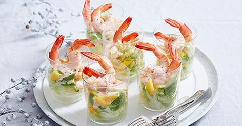 Prawn, mango and avocado cocktails | Australian Women's Weekly Food Prawn Mango Avocado Salad, Avocado Cocktail, Dinner Party Starters, Mango And Avocado, Prawn Salad, Prawn Cocktail, Appetizer Bites, Xmas Food, Starters Recipes