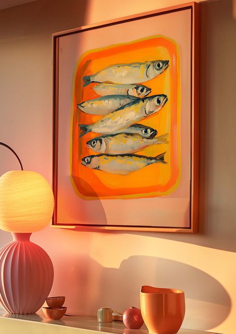 Add a quirky, fun touch to your kitchen or dining room with this Sardines in a Can digital download. Featuring bright orange, yellow, and pink tones, this playful painting of tinned fish will instantly bring life to your space. Whether you're hosting a dinner party or simply want to brighten up your kitchen, this sardine art is a perfect choice for adding vibrant color and unique charm. Perfect for anyone who loves fish-themed decor or food-inspired art, this printable painting adds a fun and unexpected element to your dining space or kitchen walls. Its bold and lively design makes it a fantastic conversation starter for dinner parties, family meals, or casual gatherings. Product Details: Instant Digital Download - Easy to print at home or your preferred print shop. Available in Multiple S Fish Themed Decorations, Sardine Art, Coastal Inspired Kitchens, Playful Painting, Tinned Fish, Bold Kitchen, Printable Painting, Wall Decor Colorful, Dinner Party Themes