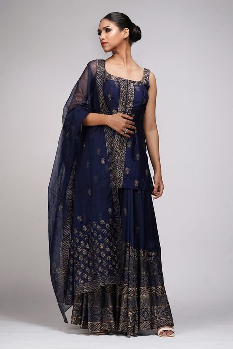 Buy Shruti S Blue Metallic Print Kurta Sharara Set Online | Aza Fashions Black Sharara, Satin Dupatta, Blue Sharara, Potli Button, Silk Sharara, Printed Sharara, Sheer Dupatta, Sleeveless Kurta, Kurta Sharara Set