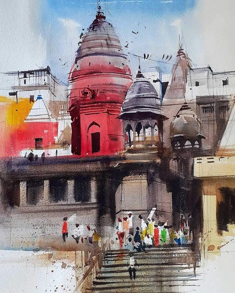 4,228 Likes, 33 Comments - Milind Mulick (@mulickmilind) on Instagram: “Enjoying the music... ..... .#danielsmith #danielsmithwatercolor # #beautiful #pigments…” Watercolor Temple, Milind Mulick, Varanasi Ghat, Watercolor Indian, Monkey Drawing, Bull Painting, Watercolor Scenery, Mediums Of Art, Watercolor Art Landscape