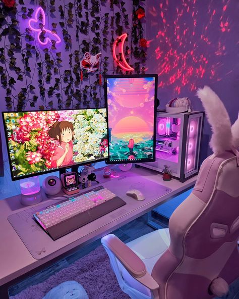 Streaming Setup Ideas Aesthetic, Cybercore Desk, Pc Set Up, Aesthetic Gaming Room, Couple Gaming Room Setup, Room Gaming, Small Game Rooms, Gaming Desk Setup, Streaming Setup