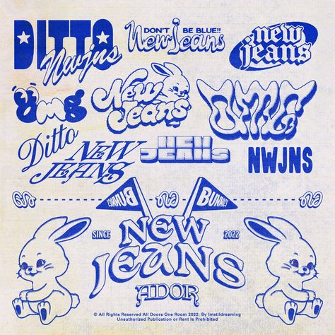 New Jeans ロゴ, Newjeans Tattoo Ideas, Newjeans Tattoo, Bunnies Newjeans, Nwjns Icon, Y2k Posters, Desain Buklet, 카드 디자인, Blue Poster