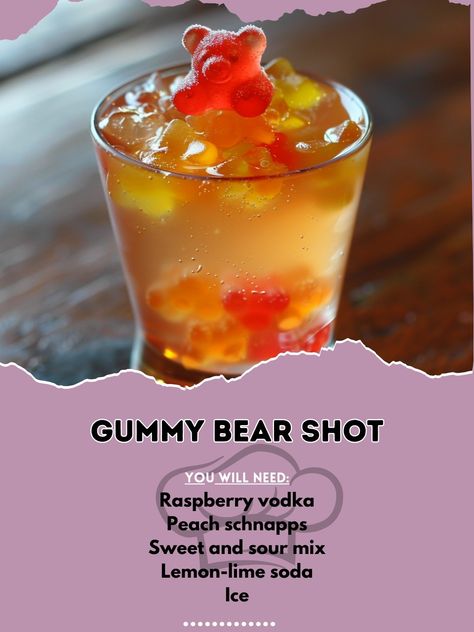 🍬🍹 Fun and colorful Gummy Bear Shots! #GummyBearShots #PartyDrinks Gummy Bear Shot Ingredients: Raspberry vodka (1 oz) Peach schnapps (0.5 oz) Sweet and sour mix (0.5 oz) Lemon-lime soda (splash) Ice (for shaking) Gummy bear (for garnish) Instructions: In a shaker, combine raspberry vodka, peach schnapps, sweet and sour mix, and ice. Shake well and strain into a shot glass. Top with a splash of lemon-lime soda. Garnish with a gummy bear. 🍬🥃 Enjoy these playful Gummy Bear Shots at your nex... Gummy Bear Shots Vodka, Gummy Bear Drink Recipe, Alcoholic Drinks Sweet, Sweet Shots Recipes, Gummy Bear Drink, Gummy Bear Shots, Vodka Gummy Bears, Bartender Drinks Recipes, Fun Drinks Alcohol