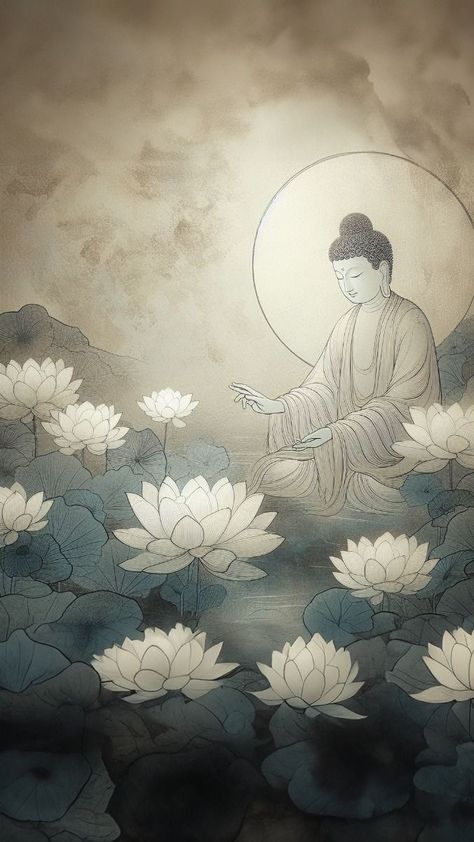 Buddha Calm Wallpaper, Gyo Fujikawa, Buddha Enlightenment, Enlightenment Art, Buddhist Decor, Buddhism Wallpaper, Buddha Drawing, Hanfu Art, Buddhist Art Drawing