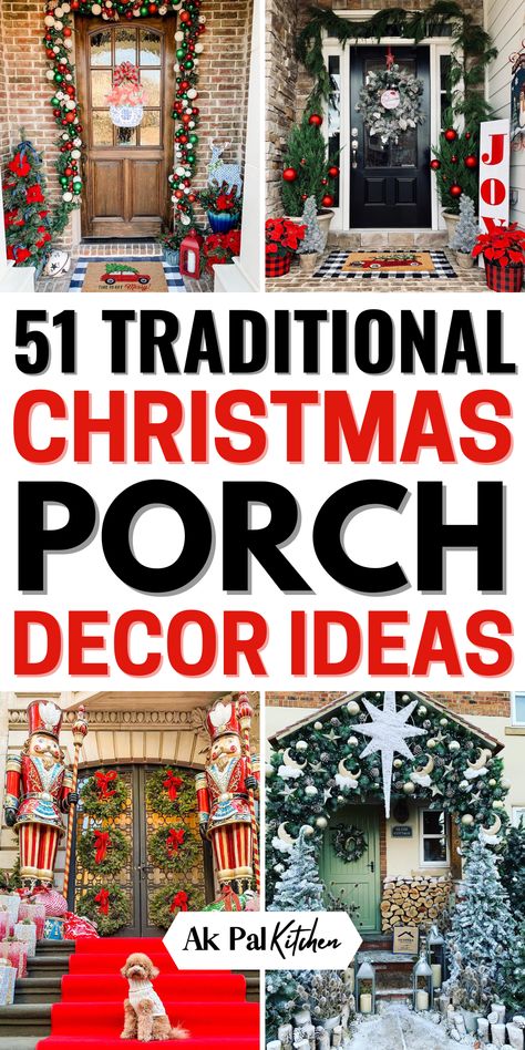 Christmas porch decor ideas are perfect for creating a festive entrance. Transform your front porch with rustic Christmas front porch decor, cozy winter touches, and elegant holiday lighting. From simple Christmas wreaths to DIY Christmas planters, there are plenty of outdoor Christmas decorations to make your porch stand out. Whether you're going for a farmhouse Christmas porch or a more modern look, these outdoor holiday decorating ideas will add charm to your home's entryway. Porch Decor Christmas Ideas, Traditional Christmas Porch Decor, Hallmark Style Christmas Decor, Ranch Style Home Christmas Decor Exterior, Outdoor Porch Decor Christmas, Christmas Decorating Front Door, Christmas Decor Outdoor Porch, Christmas Home Exterior Decorating Ideas, Christmas Wrap Around Porch Decor