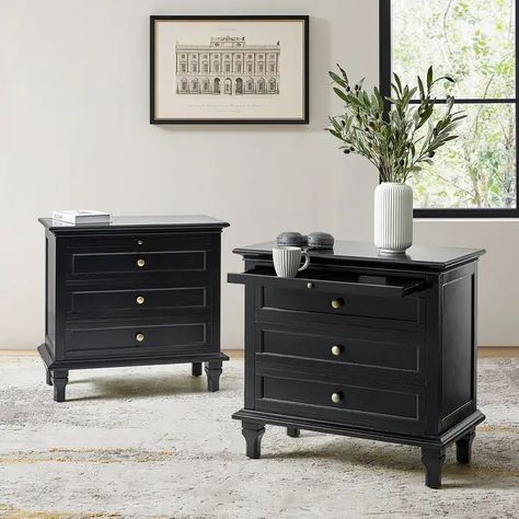 Muriel Farmhouse Style 3 - Drawer Nightstand with Built-In Outlets Set of 2 by HULALA HOME - On Sale - Bed Bath & Beyond - 39210285 Cheap Bedside Tables, Traditional Nightstand, Airbnb Cottage, Charging Station Drawer, Cream Bedroom, Owners Suite, Farmhouse Nightstand, Nightstand Dresser, Black Nightstand