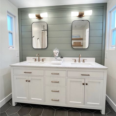 Kylie M. Online Paint Color Expert, Updates, Home Design | Here’s the other side of the last bathroom. SOOOO FRIGGIN’ BEAUTIFUL! You’re looking at the ever-lovely SW Evergreen Fog on the shiplap… | Instagram Dark Green Shiplap Bathroom, Sage Green Shiplap Bathroom, Evergreen Fog In Bathroom, Evergreen Fog Bathroom Vanity, Painted Shiplap Bathroom, Evergreen Fog Bathroom, Shiplap Wall Bathroom, Sw Evergreen Fog, Shiplap Bathroom Wall