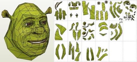 Shrek Head Paper Model In 1/1 Scale - by Dhal Pepaguru - via Pepakura Gallery    This nice Shrek Mask in 1/1 scale was created by designer Dhal Pepaguru and was originally posted at Pepakura Gallery website. To view and print this model you will need Pepakura Viewer Free Version (link at the end of this post). Deathstroke Helmet, Diy Crossbow, Pokemon Party, Paper Mask, Twisted Metal, Gallery Website, Deathstroke, Paper Model, Paper Toys