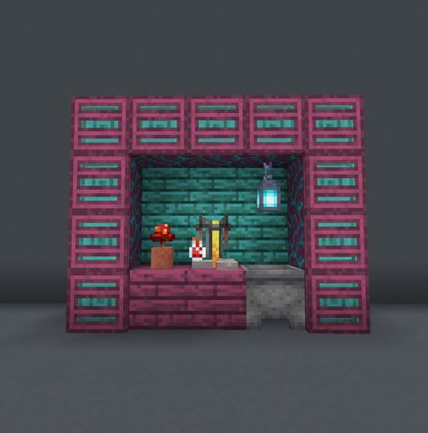 Minecraft Nether Base Interior, Brewing Station Minecraft Design, Nether Shop Minecraft, Minecraft Nether House Ideas, Nether Houses Minecraft, Nether Interior Minecraft, Nether Wall Design, Minecraft Nether Builds Ideas, Potion Store Minecraft