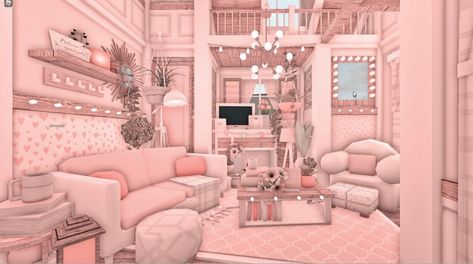 Bloxburg Blush Mansion Exterior, Blush Pink Bloxburg House, Pink Living Room Bloxburg, Blush Living Room Bloxburg, Blush House Interior, Kawaii Bloxburg House Exterior, Preppy House Bloxburg, Pink Bloxburg Room, Blush House Bloxburg