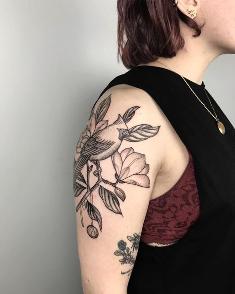 Emi Lynn Holler on Instagram: “Cardinal and magnolia for Melissa  Made at @luckysnoho” Female Cardinal Tattoo, Cardinal Tattoo, Cardinal Tattoos, Magnolia Tattoo, Piercing Tattoo, Flower Tattoo, Magnolia, Tatting, Tattoo Ideas