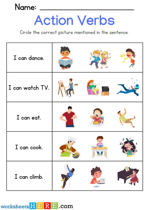 Action Verbs For Kids, Action Verbs Worksheet, Verbs For Kids, Worksheet For Kindergarten, Verb Worksheets, Action Verbs, The Sentence, Action Words, Sentence Writing