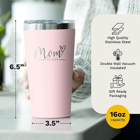 Perfect New Mom Gifts - A great present for the new Mom or expecting Mother. This durable engraved tumbler is sure to bring a smile at the baby shower or post delivery with the new momma. A Memorable First Time Mom Gift - This keepsake 16 oz tumbler is engraved with the words Mom Est 2023" and is a cup she can treasure and use for years to come. Durable Laser Engraved Design - The artwork on this tumbler mug is laser etched ensuring it will never fade or peel away. The powder coated finish is ma Personalized Mom Tumblers, Stanley Mother’s Day Gift, New Mom Tumbler Cups, Mothers Day Stanley Cup, Starbucks Tumbler Personalized Mom, Sentimental Gifts For Mom, First Time Dad Gifts, First Time Dad, First Mothers Day Gifts