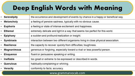 Here is a list of deep English words with meanings: Deep English Words Serendipity – the occurrence and development of events by chance in a happy or beneficial way. Melancholy – a feeling of pensive sadness, typically with no obvious cause. Euphoria – a feeling or state of intense excitement and happiness. Ethereal – extremely … Deep English Words with Meaning Read More » Words With Double Meanings, Deep English Words With Meaning, Deep English Words, English Words With Meaning, Deep English, Words With Meaning, Word Structure, Double Meaning, Poetic Words