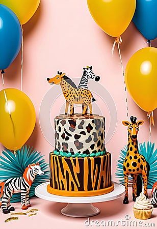 ai-generated-cake-zebra-giraffe-top-surrounded-birthday-party-decorations-jungle-theme-balloons Cake Photography, Birthday Photography, Jungle Theme, Birthday Party Decorations, Balloons, Party Decorations, Happy Birthday, Birthday Party, Cake