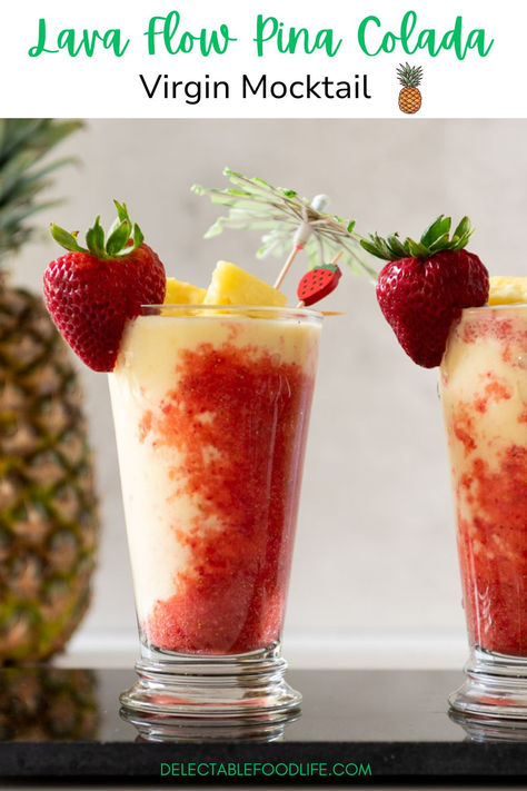 glasses of virgin pina colada lava flow Pina Colada Recipes, Virgin Pina Colada Recipe, Strawberry Mocktail, Frozen Punch Recipe, Virgin Drink Recipes, Pina Colada Mocktail, Clean Drink, Virgin Drinks, Bartender Drinks Recipes