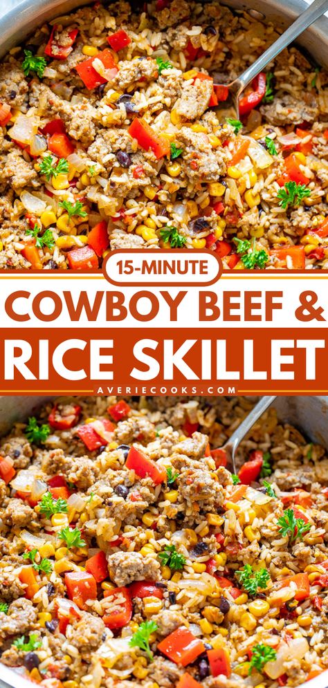 15-Minute Tex-Mex Ground Beef & Rice Skillet - Averie Cooks Beef And Rice Skillet, Ground Beef Rice, Rice Skillet, Beef Rice, Averie Cooks, Skillet Dishes, Hearty Comfort Food, Cowboy Caviar, Skillet Recipes