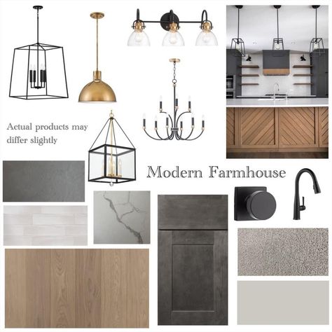 Black White Grey Tan Kitchen, New Home Build Mood Board, Modern Farmhouse Kitchen Mood Board, Kitchen Flat Lay, Kitchen Moodboard Interior Design, Modern Farmhouse Mood Board, House Mood Board, Kitchen Moodboard, Modern Farmhouse Interior Design