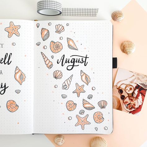 Claudia | 17 | Bullet journal’s Instagram photo: “AUGUST THEME REVEAL!🏖  So for this month I decided to do pastel pink seashell theme! I think it's perfect for the last month of summer…” Bullet Journal Cover Page Ideas, August Bullet Journal Cover, Journal Cover Page Ideas, August Bullet Journal, Bullet Journal Spread Ideas, Bullet Journal August, Journal Spread Ideas, August Themes, March Bullet Journal