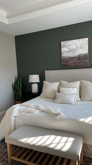 Dark Green Bedroom Bedding Ideas, Green Bohemian Bedroom Accent Wall, Grey Headboard Accent Wall, Bedroom One Color Wall, Green Master Bedrooms Decor Cozy Relaxing, Dark Sage Accent Wall Bedroom, Dark Green Wall Behind Bed, Pine Green Accent Wall Bedroom, Safe Green Accent Wall Bedroom