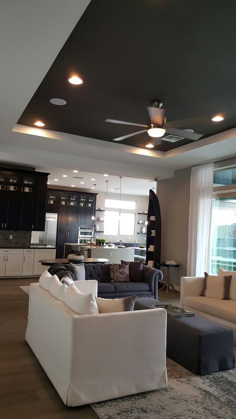 Black Ceilings Grey Walls, Black Ceiling Family Room, Black Ceiling White Walls Living Room, Black Accent Ceiling, Grey Ceiling White Walls, Dark Coffered Ceiling, Black Coffered Ceiling, Dark Ceiling Living Room, Black Ceiling Living Room