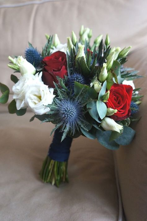 Red White And Blue Bridal Bouquet, Red Rose And Thistle Bouquet, Red And Blue Flower Arrangements, Red White Blue Bouquet, Red White And Blue Wedding Flowers, Red White And Blue Flower Arrangements, Prom Flowers Bouquet Red Dress, Red Prom Flowers Bouquet, Red And Blue Bouquet