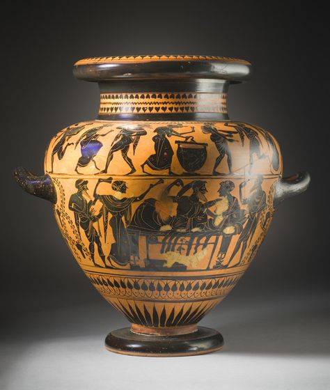 Stamnos with Reclining Banqueters and Revelers Michigan Painter (attributed to the) (Greece, active circa 500 B.C.) Greece, Attica, circa 500 B.C. Furnishings; Serviceware Black-figure ceramic with added red and white Height: 13 7/16 in. (34.13cm); Diameter: 11 in. (28.0 cm) William Randolph Hearst Collection (50.8.2) Greek, Roman and Etruscan Art Ancient Vase, Ancient Greek Pottery, Istoria Artei, Ancient Greek Art, Greek Pottery, Greek Vases, Black Figure, Ancient Pottery, Roman Art