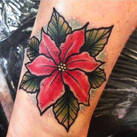 Tattoo by Marty Fletcher. Christmas Flower Tattoo, Poinsettia Tattoo, Tattoos Of Roses, Christmas Tattoo Ideas, Tattoo Special, Swallow Tattoo Design, Tribute To Mom, Butterfly Hand Tattoo, Tattoo Apprenticeship