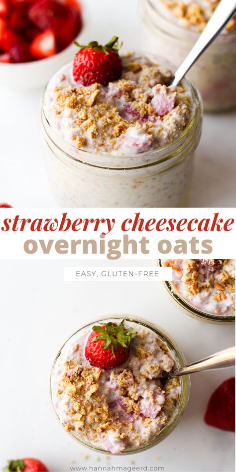 Strawberry Jam Overnight Oats, Strawberry Cheesecake Protein Overnight Oats, Overnight Oats Strawberry Shortcake, Strawberry Cheesecake Overnight Oatmeal, Healthy Breakfast Ideas With Strawberries, Smores Overnight Oats Recipe, Overnight Oats With Strawberry Yogurt, Overnight Oats Cheesecake Pudding, Strawberry Cheesecake Overnight Oats With Jello Pudding