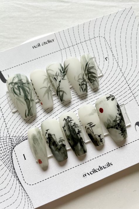 Mystery Lunar New Year set reveal! 🤩 [ 𝑰𝒏𝒌 𝒘𝒂𝒔𝒉 ]inspired by Chinese calligraphy and ink wash landscape paintings for our mystery Lunar New Year sets!! 🧧 。 。 。 。 。 #lunarnewyear #cnynails #chinesenails #inkart #inkwash #chineseart #pressonnails #pressonsforsale #smallbusinesstoronto #水墨画 #veilednails #nuancenails #inknails #chinesenewyear #watercolorpainting Engagement Nails, Pretty Gel Nails, Nail Ring, Ink Wash, Chinese Calligraphy, New Year's Nails, Prom Nails, Cute Nail Designs, Lunar New Year