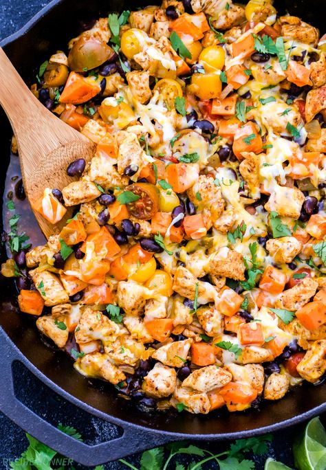 An easy dinner all made in one skillet- Mexican Chicken, Sweet Potato and Black Bean Skillet. Top this healthy dinner with shredded cheese and cilantro for a fast and delicious Mexican inspired meal! Sweet Potato Black Beans, Healthy Mexican, Chicken Sweet Potato, Mexican Chicken, Elimination Diet, Skillet Meals, Sweet Potato Recipes, Black Bean, Potato Recipes