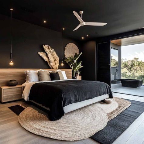 20 Inspiring Black Bedroom Ideas for a Sophisticated Look Black And Oak Bedroom, Room With Black Accent Wall, Bedroom Black Ceiling, Black Accent Wall Bedroom, Black Wall Bedroom, All Black Bedroom, Black Walls Bedroom, Black Bedroom Ideas, Dark Accent Walls