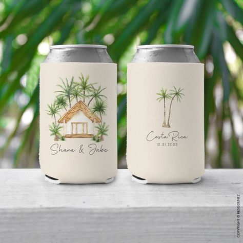 "These Tropical Island Bungalo Can Coolers are the perfect destination wedding favor to Treat your wedding guests with vibrant can coolers to remind them of your special day. Perfect memento for an beachy summer wedding. Customize the text with names, date and location! Please leave us all of your custom text requests within the note attached to your order!  Example:  Side One: Desirée & Marc Side Two: Miami 12.31.2023 Leave date you need in hand so that we can mark your order internally, so tha Tropical Wedding Gifts For Guests, Wedding Party Favors For Guests Destination Wedding, Tropical Welcome Bags, Wedding Favours Destination Weddings, Tropical Wedding Party Favors, Tropical Destination Wedding Decor, Hawaii Wedding Favors, Key West Wedding Favors, Wedding Favors Destination Wedding