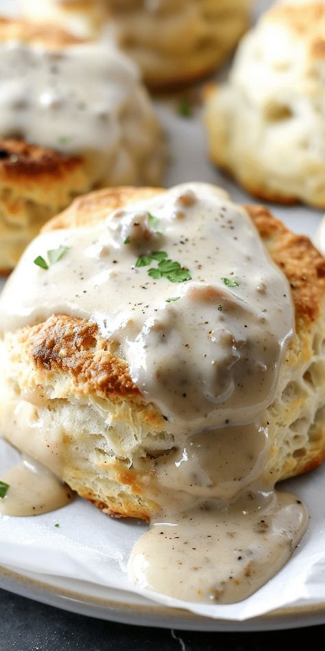 Southern-Style Biscuits & Sausage Gravy [40 Minutes] – Chasety Country Biscuits And Gravy, How To Make Biscuits And Gravy, Crock Pot Sausage Gravy, Gravy Recipe For Biscuits And Gravy, Buiscits And Gravy Sausage, Fluffy Homemade Biscuits, Sage Gravy, Southern Biscuits And Gravy, Biscuit Gravy