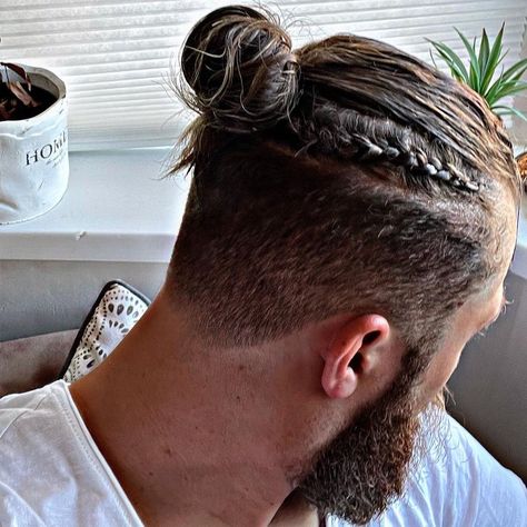 Men Long Hair On Top Short Sides, Mens Viking Haircut, Viking Braids For Men Short Hair, Viking Haircut Men Long, Men’s Dutch Braids, Men Updo Hairstyles, Men Long Hair Sidecut, Male Viking Braids Short Hair, Viking Braids Undercut