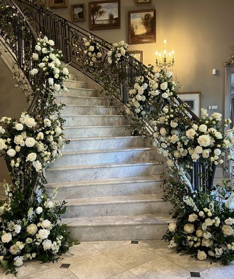 Wedding Staircase Decoration, Wedding Stairs, Wedding Staircase, Bangkok Wedding, Hotel Flowers, Wedding Backdrop Design, Staircase Decor, Stair Decor, Engagement Decorations