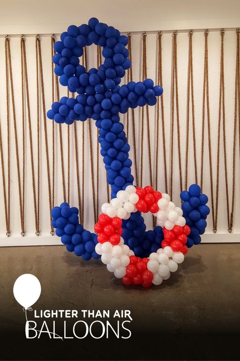 Nautical themed balloon sculptures, blue boat anchor and life preserver, perfect for an ocean or nautical party. Nautical Balloon Decor, Anchor Balloon, Anchor Theme Party, Cruise Theme Parties, Nautical Baby Shower Boy, Sailor Baby Showers, Sailor Baby, Nautical Birthday Party, Deco Ballon