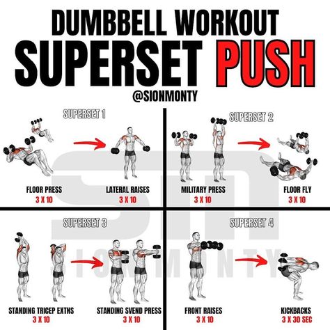 ⭐ FITNESS I NUTRITION I DIET ⭐ on Instagram: “SUPERSET PUSH WORKOUT [Dumbbells Only] by @sionmonty Here’s one I’ve never made before! A superset push workout using only dumbbells! 𝘼…” Workout Superset, Dumbell Workouts, Push Pull Legs Workout, Dumbbell Workout Plan, Push Day Workout, Push Pull Workout, Pull Day Workout, Chest Workout Women, Yoga Ideas