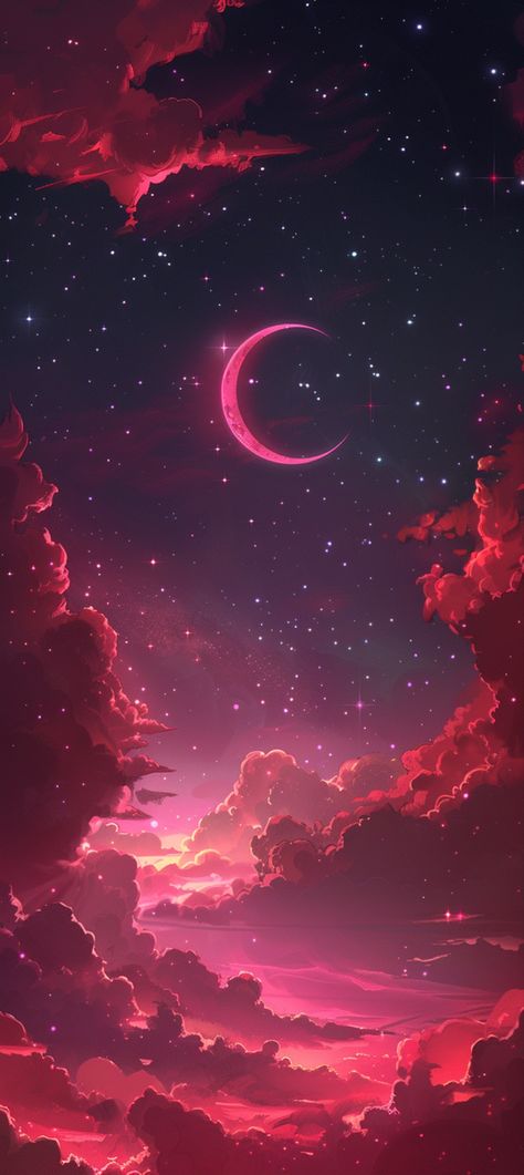 Elevate your iPhone with a wallpaper that captures a dreamy fantasy sky. Under a red sky, a red crescent moon nestles among stars and clouds, creating a mesmerizing scene. This fantasy background, awash in a pink color scheme, transforms your screen into a portal to a dreamy, otherworldly realm. Immerse yourself in the high-definition magic every time you unlock your device. #FantasySky #DreamySkyWallpaper #RedMoon #iPhoneWallpaper Red Skies Aesthetic, Crescent Moon Background, Background Goth, Red Crescent Moon, Pink Moon Wallpaper, Fantasy Sky, Character Moodboard, Crescent Moon Art, Magic Inspiration