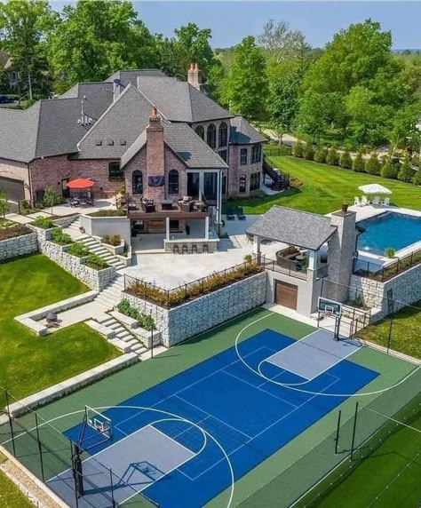 Home Basketball Court, Basketball Court Backyard, Backyard Basketball, Backyard Sports, Batting Cage, Saint Louis Missouri, Dream Mansion, Dream Life House, Resort Style Pool