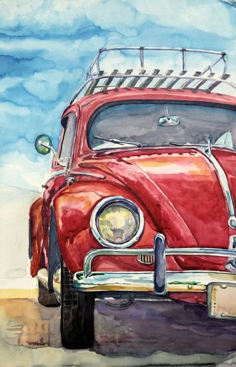 Best Water Colour Drawings, Vw Art Painting, Volkswagen Watercolor, Water Colour Drawing Ideas, Car Watercolor Painting, Vintage Car Painting, Vw Art, Soyut Sanat Tabloları, 수채화 그림