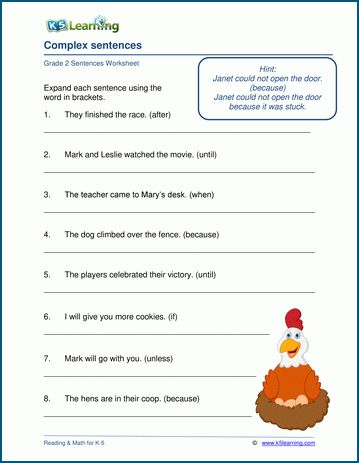 Complex sentences worksheet | K5 Learning English Topics For Speaking, Simple And Complex Sentences, Teaching Fables, Sentences Kindergarten, Complex Sentences Worksheets, Writing Sentences Worksheets, Sentences Worksheet, 2nd Grade Grammar, Grammar Sentences