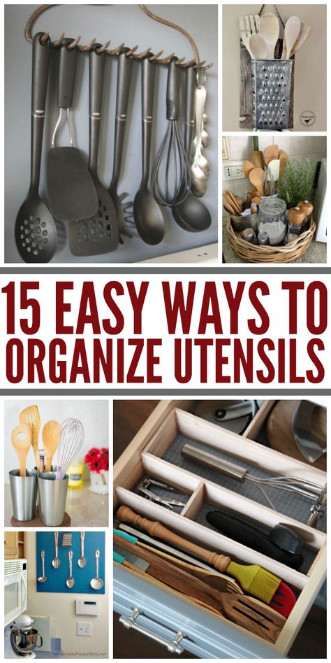 What Clever (and cute) ways to organize ktichen untensils! - One Crazy House Kitchen Utensil Organization Ideas, Diy Kitchen Utensil Organization, Organize Utensil Drawer, Organize Utensils, Utensils Organization Ideas, Organise Kitchen, Cooking Utensil Storage, Cooking Utensil Organization, Silverware Storage